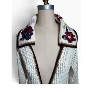 Moda International 90s Crochet Floral Knit Sweater Duster RARE Size M